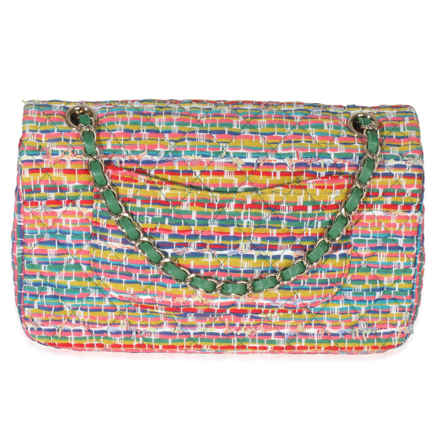 Chanel Green Yellow Red Multicolor Tweed Medium Classic Double Flap Bag