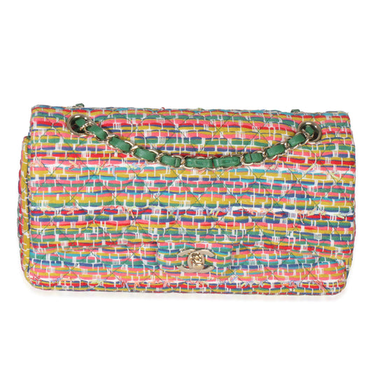 Chanel Green Yellow Red Multicolor Tweed Medium Classic Double Flap Bag