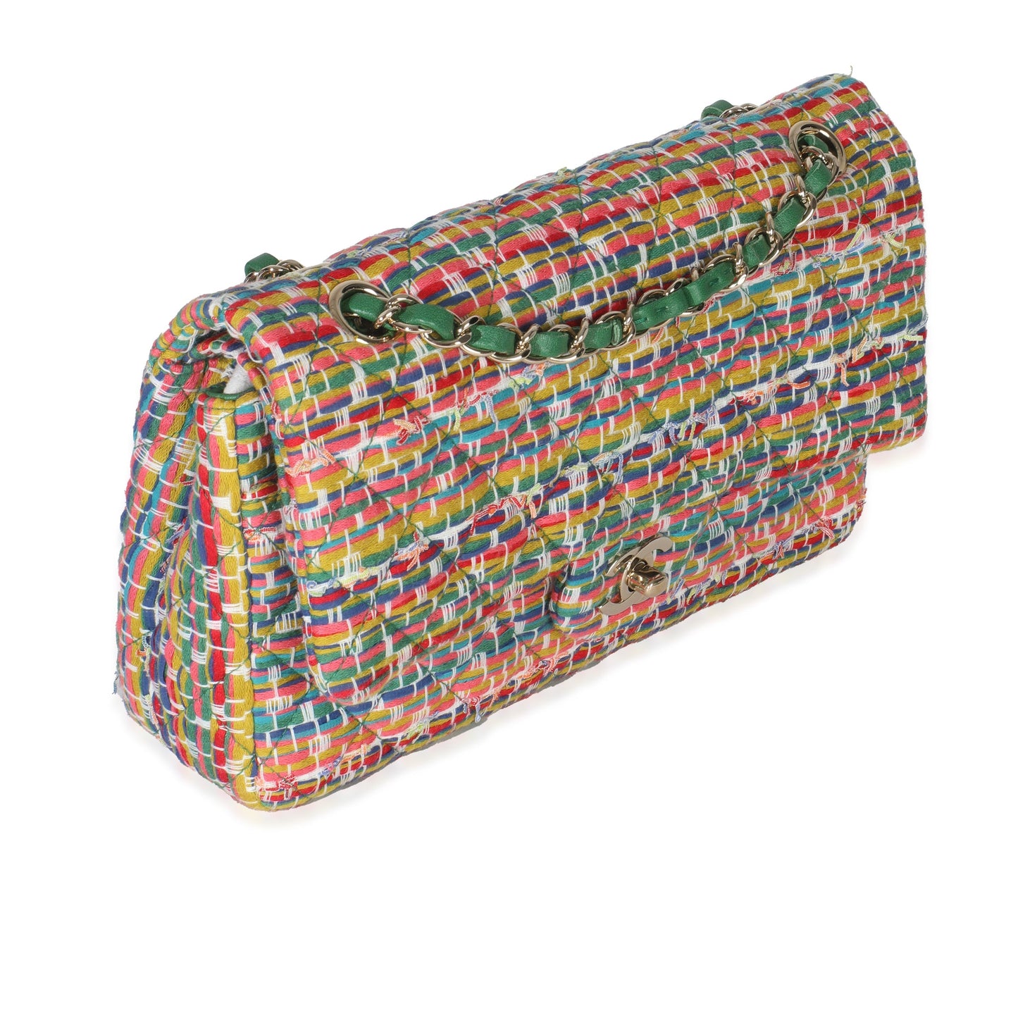 Chanel Green Yellow Red Multicolor Tweed Medium Classic Double Flap Bag