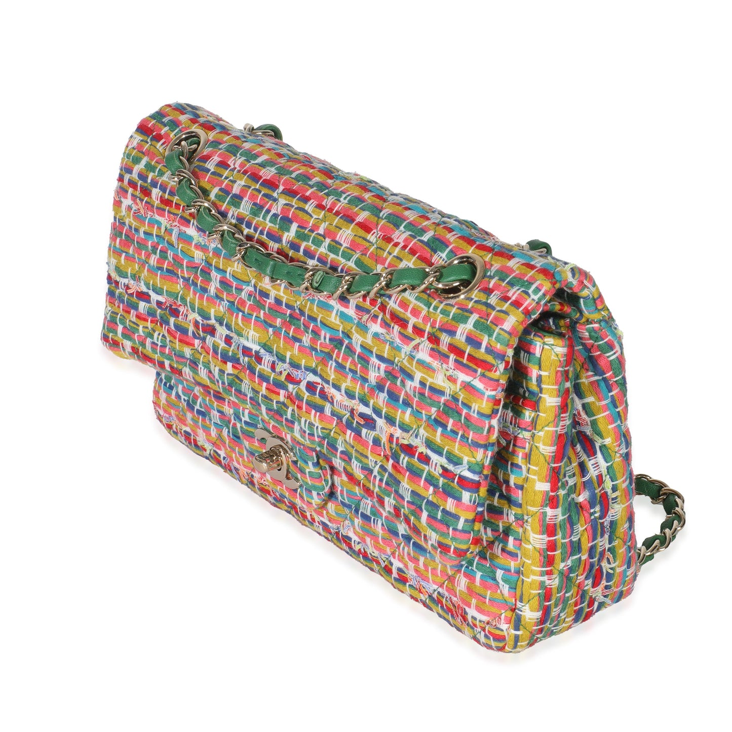 Chanel Green Yellow Red Multicolor Tweed Medium Classic Double Flap Bag