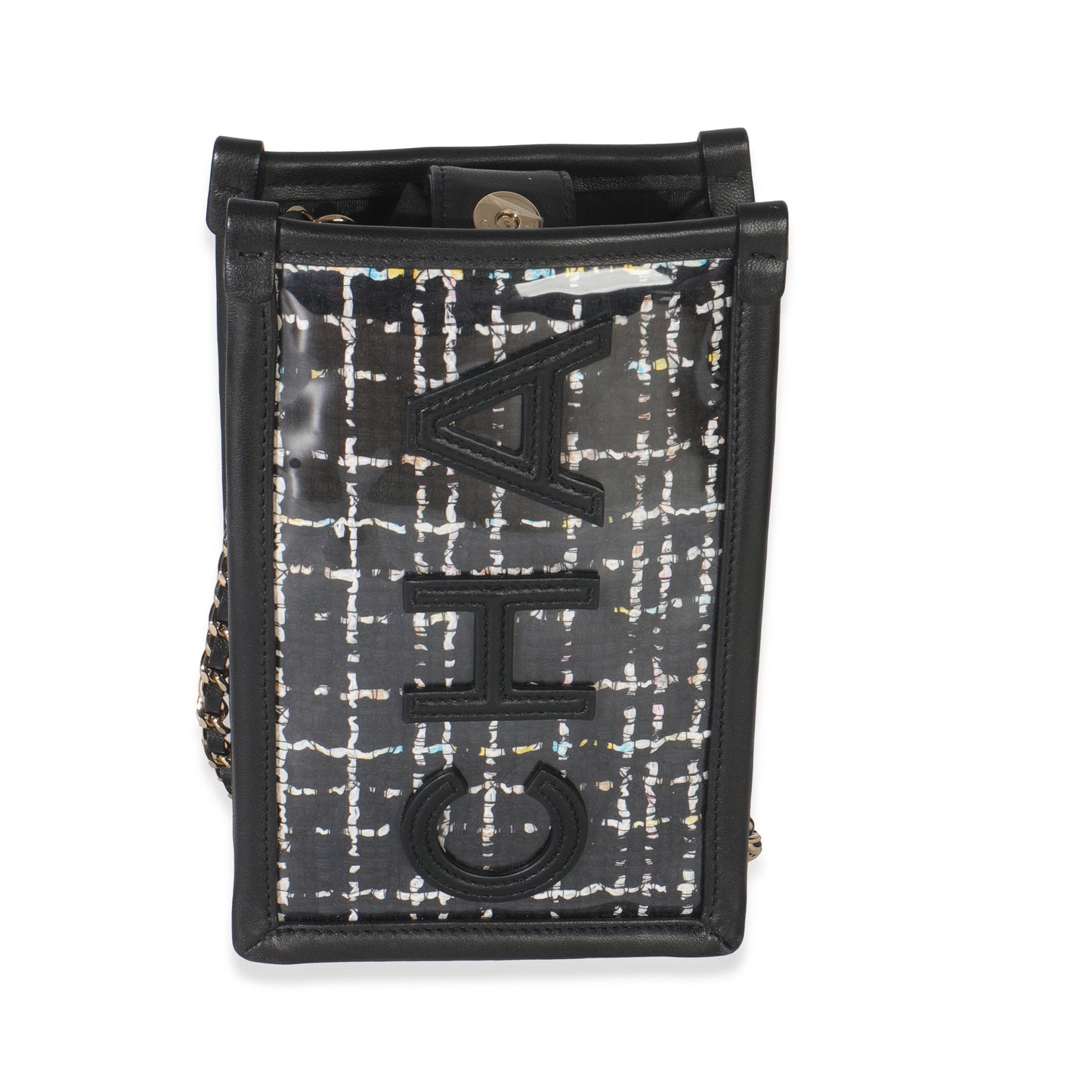 Chanel Black Tweed PVC Logo Pouch With Chain