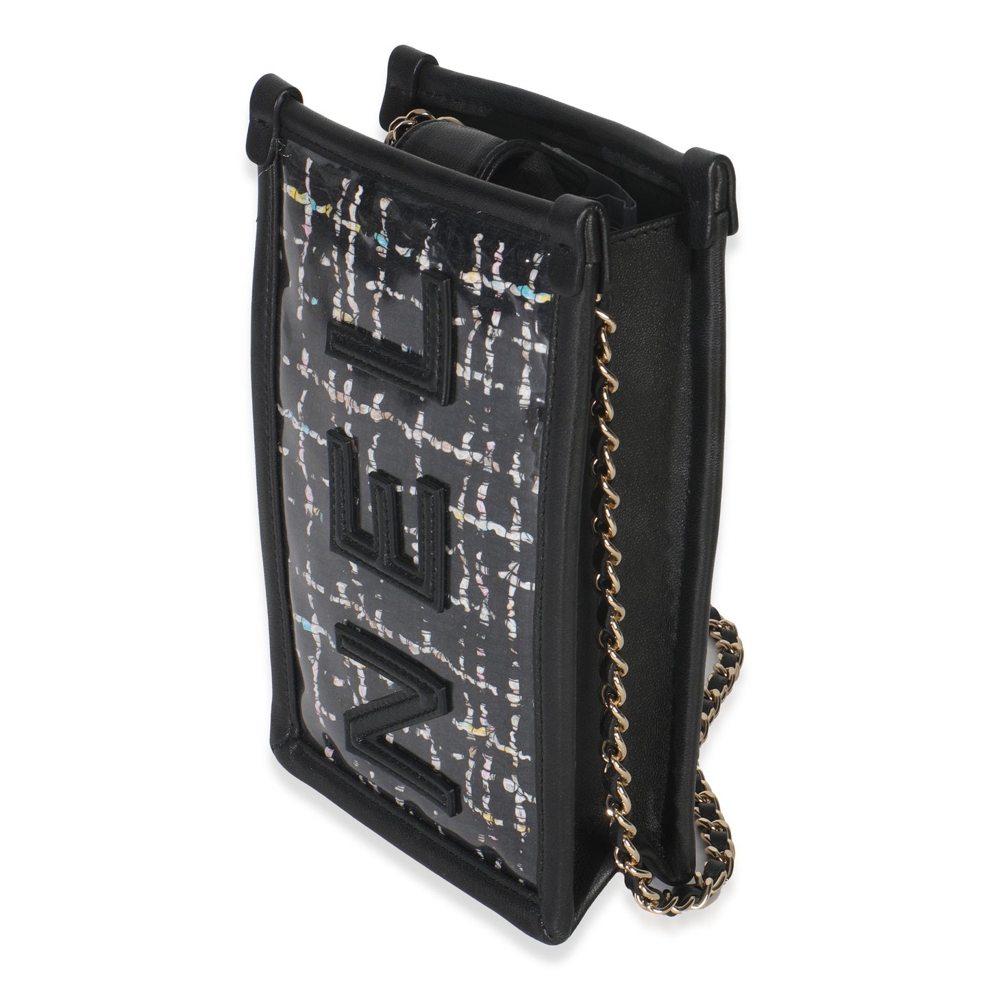 Chanel Black Tweed PVC Logo Pouch With Chain