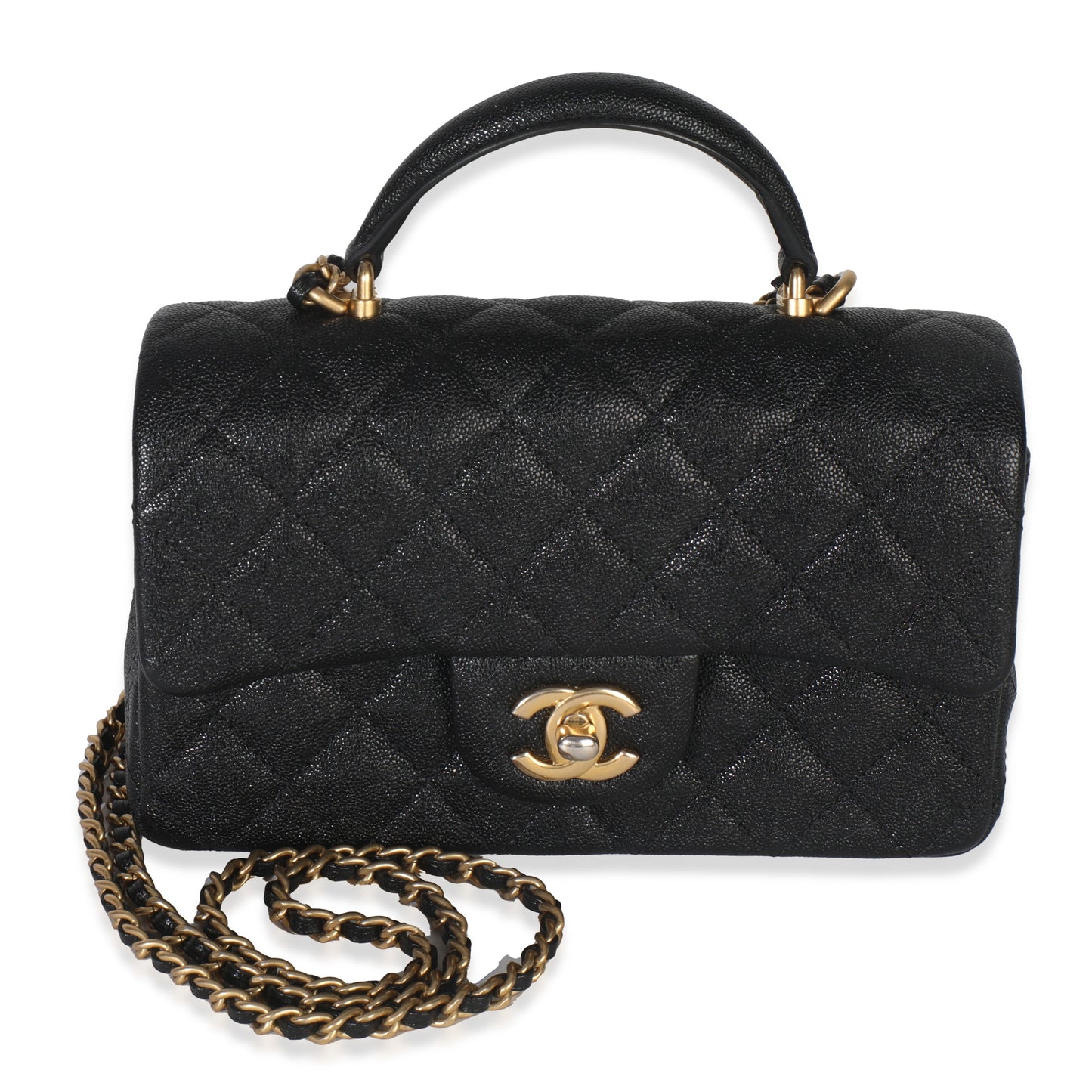 Chanel Black Quilted Caviar Mini Top Handle Rectangular Flap Handbag