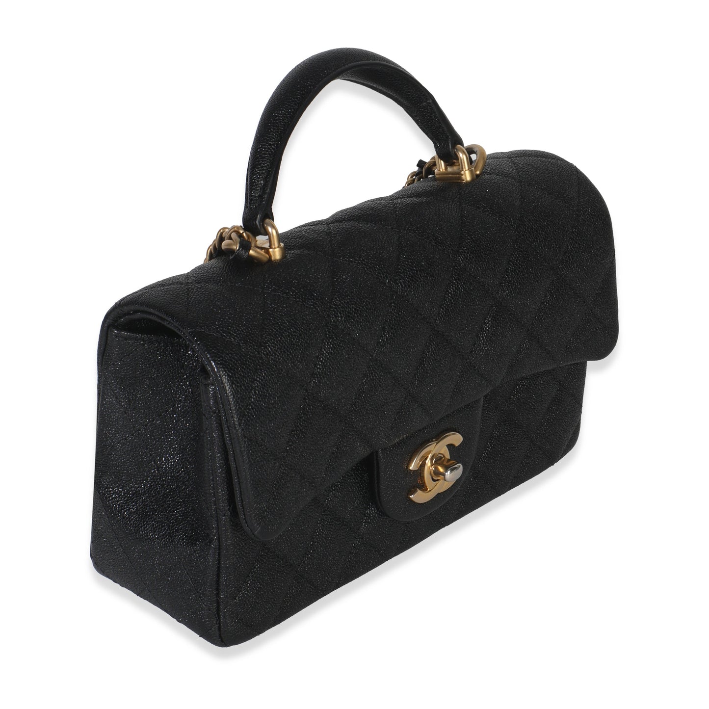 Chanel Black Quilted Caviar Mini Top Handle Rectangular Flap Handbag