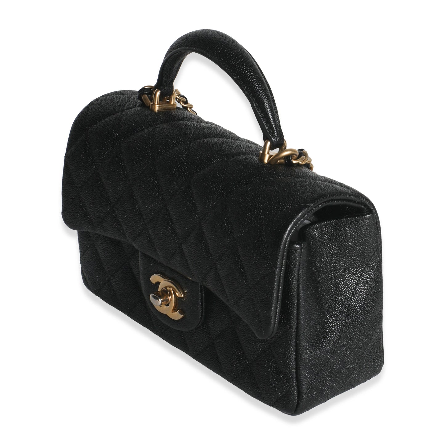 Chanel Black Quilted Caviar Mini Top Handle Rectangular Flap Handbag