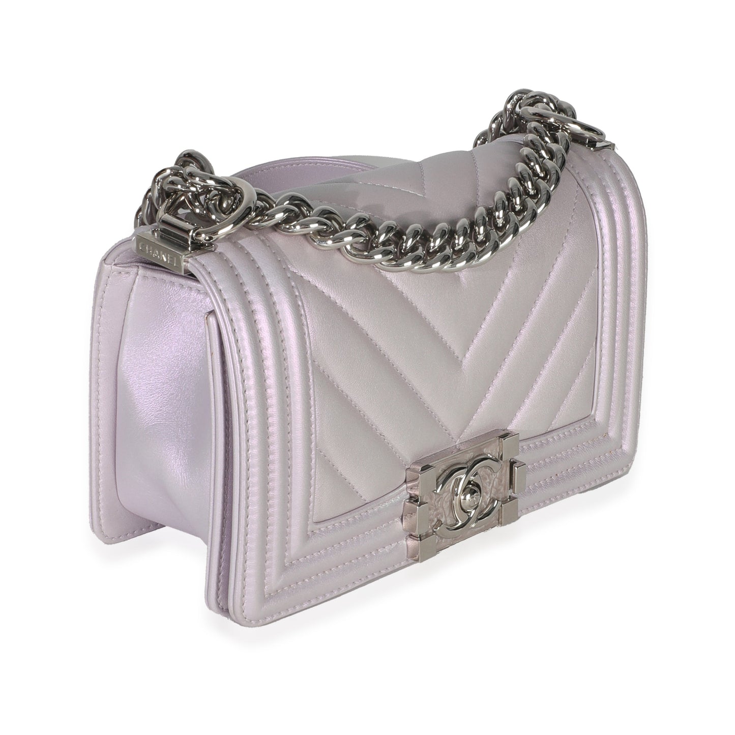 Chanel Purple Metallic Lambskin Chevron Quilted Small Boy Bag