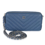Chanel Blue Chevron Caviar Double Zip Clutch Handbag