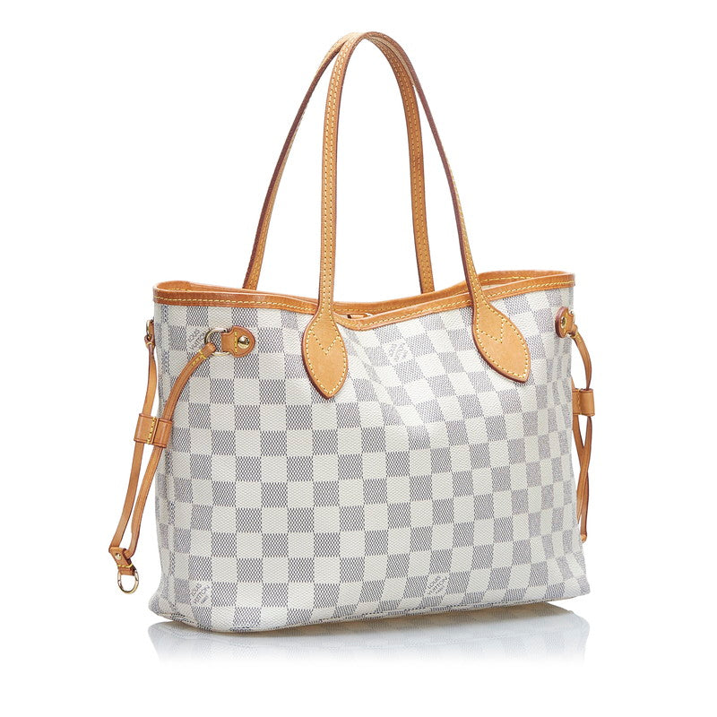 Louis Vuitton Damier Azur Neverfull PM Tote Handbag White PVC Leather