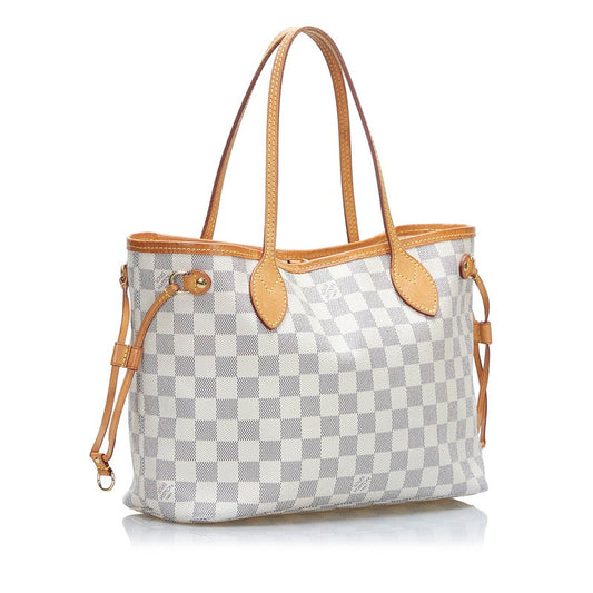 Louis Vuitton Damier Azur Neverfull PM Tote Handbag White PVC Leather